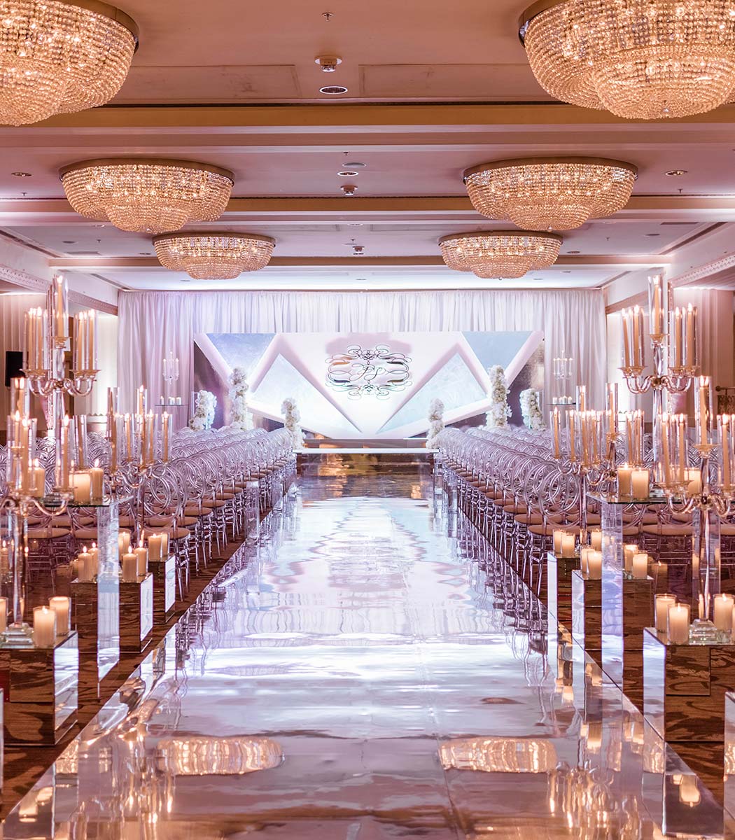 Focal flooring runway with chairs and candles on either side