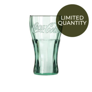 Coca Cola Glass with sticker that says Large Quantities