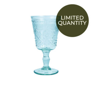 Debutante Pool Blue Water Goblet with sticker that says Large Quantities